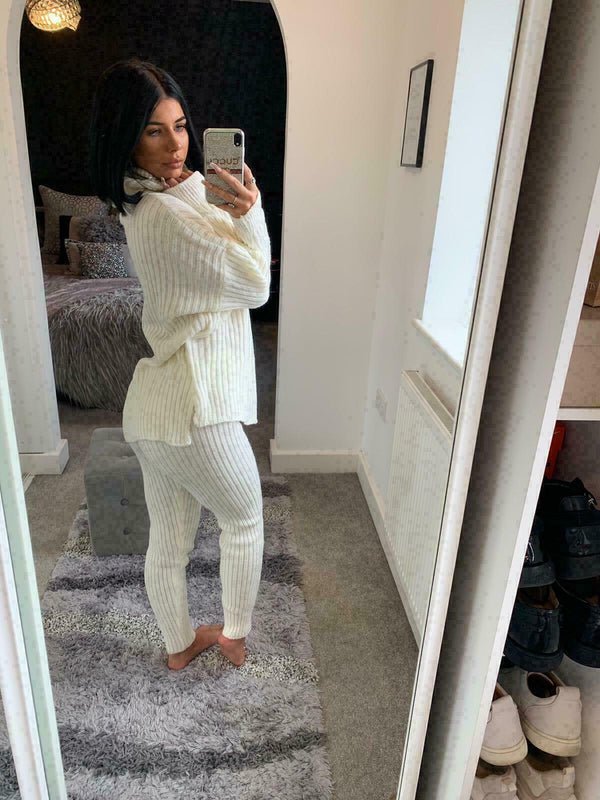 Ladies Chunky Knitted Ribbed Polo High Neck Top Leggings Loungewear Suit Set - MultiTrends Limited