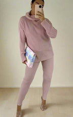 Ladies Chunky Knitted Ribbed Polo High Neck Top Leggings Loungewear Suit Set - MultiTrends Limited