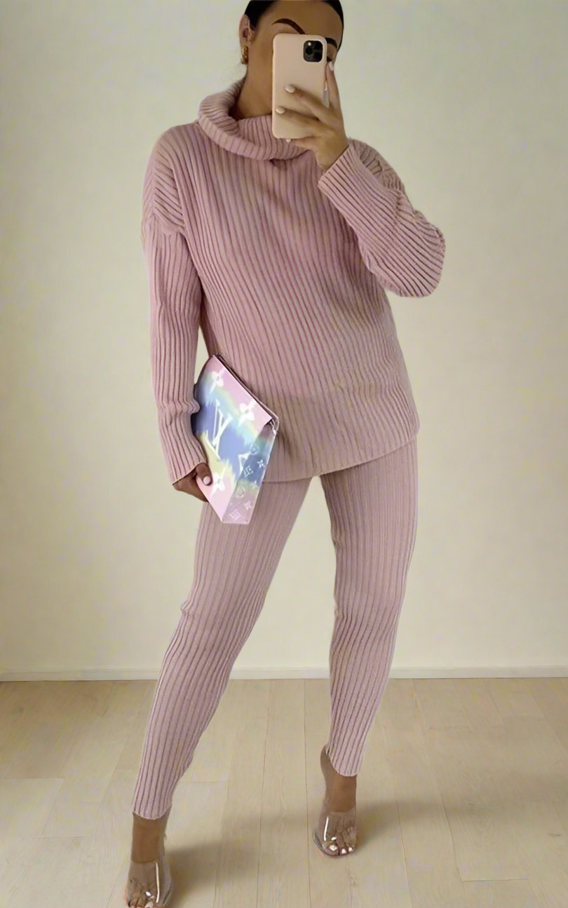 Ladies Chunky Knitted Ribbed Polo High Neck Top Leggings Loungewear Suit Set - MultiTrends Limited