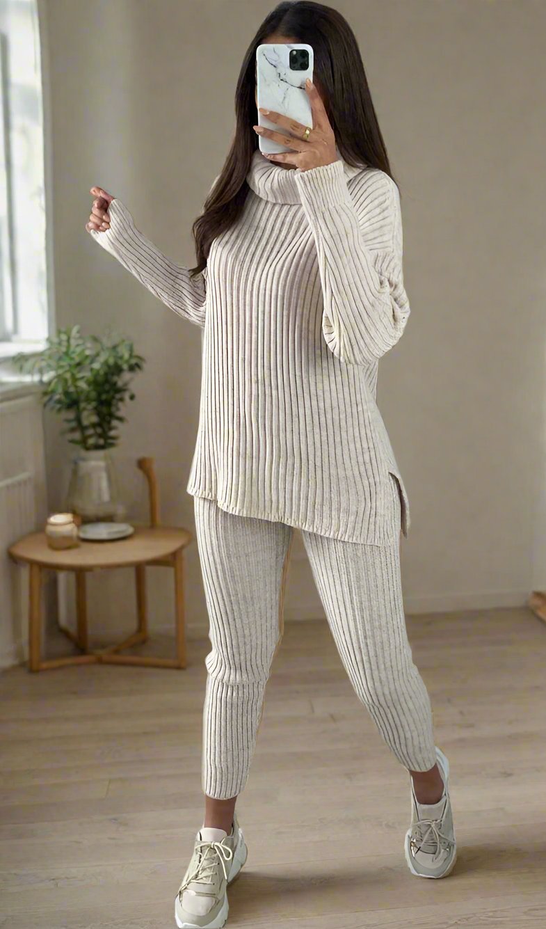 Ladies Chunky Knitted Ribbed Polo High Neck Top Leggings Loungewear Suit Set - MultiTrends Limited