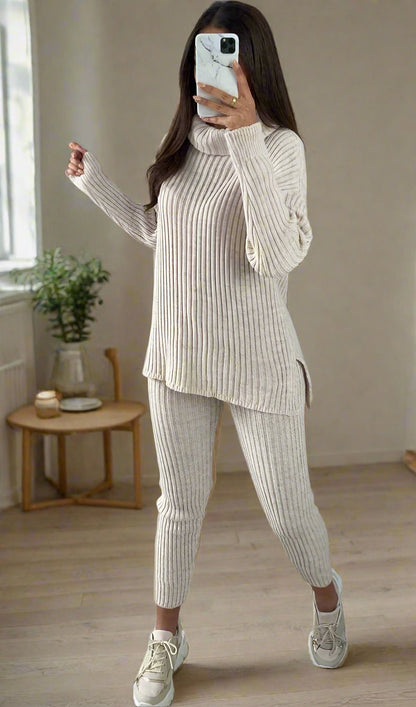 Ladies Chunky Knitted Ribbed Polo High Neck Top Leggings Loungewear Suit Set - MultiTrends Limited