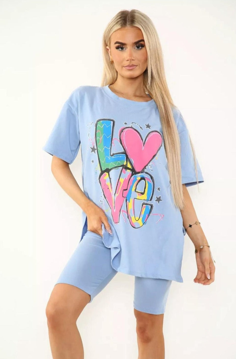 Love Side Slit Cycling Short and T-Shirts Co-Ord Two Piece Set with Front Love Slogan - Multi Trends