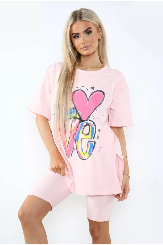 Love Side Slit Cycling Short and T-Shirts Co-Ord Two Piece Set with Front Love Slogan - Multi Trends