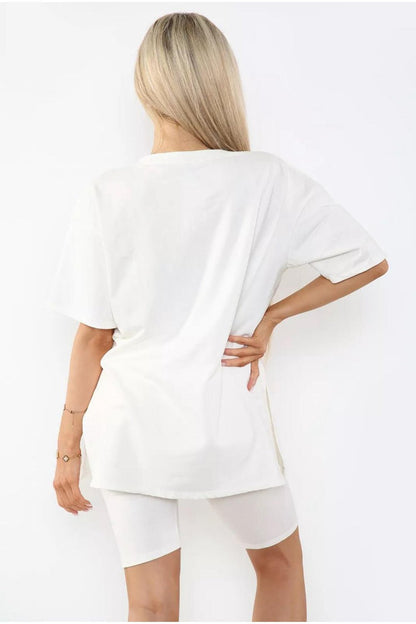 Love Side Slit Cycling Short and T-Shirts Co-Ord Two Piece Set with Front Love Slogan - Multi Trends