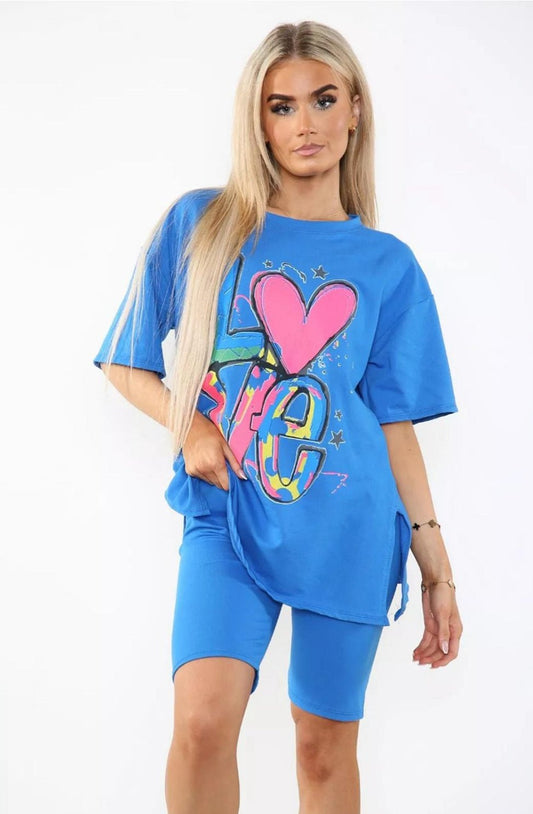 Love Side Slit Cycling Short and T-Shirts Co-Ord Two Piece Set with Front Love Slogan - Multi Trends