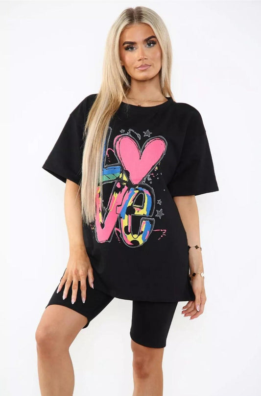 Love Side Slit Cycling Short and T-Shirts Co-Ord Two Piece Set with Front Love Slogan - Multi Trends