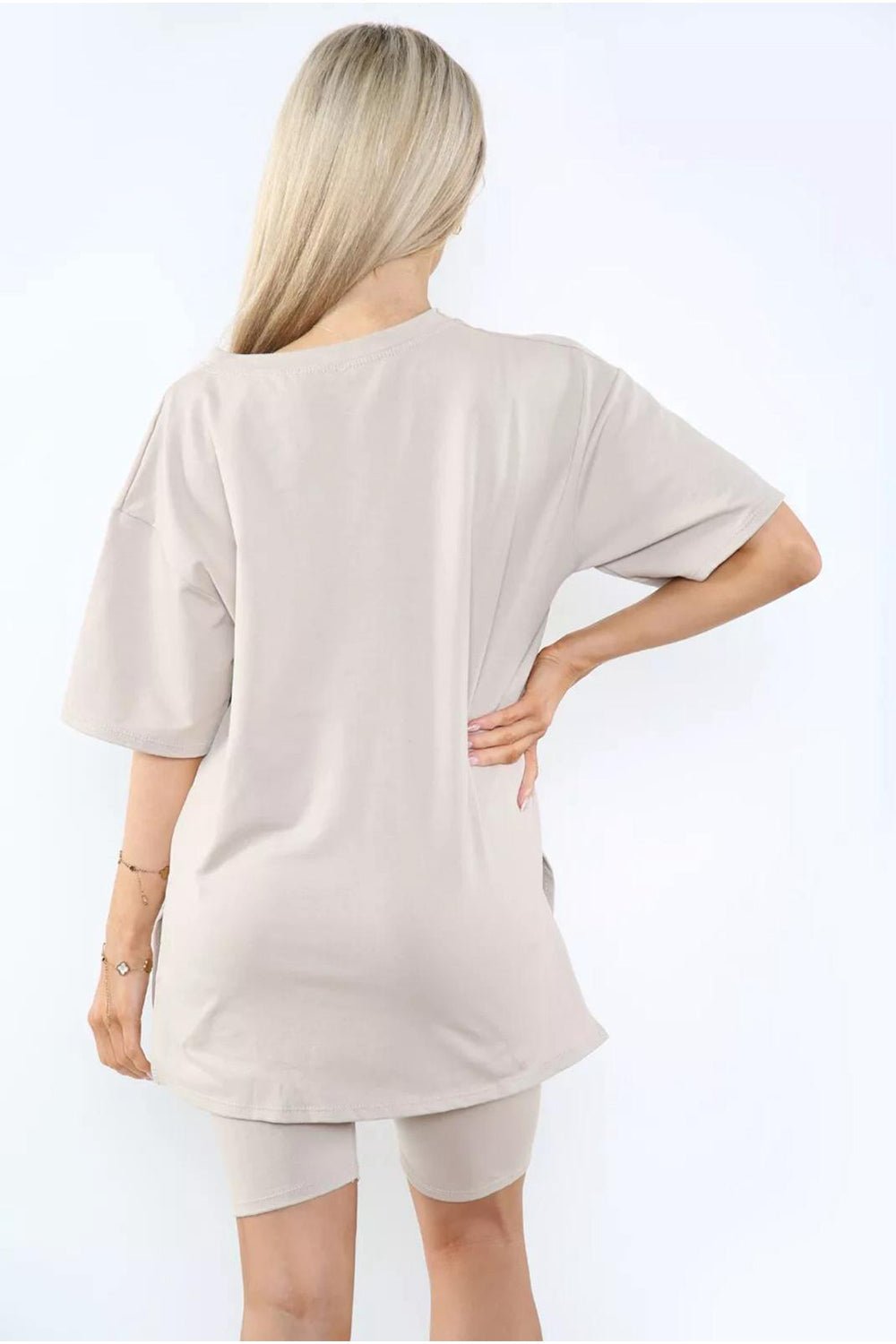 Love Side Slit Cycling Short and T-Shirts Co-Ord Two Piece Set with Front Love Slogan - Multi Trends