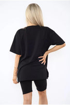 Love Side Slit Cycling Short and T-Shirts Co-Ord Two Piece Set with Front Love Slogan - Multi Trends