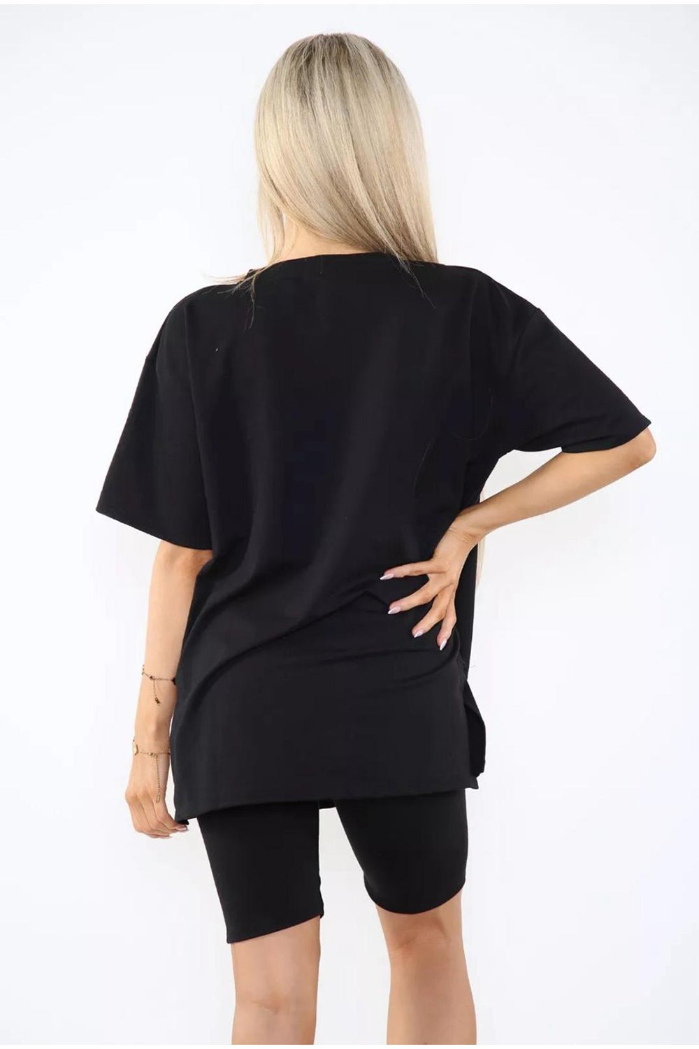 Love Side Slit Cycling Short and T-Shirts Co-Ord Two Piece Set with Front Love Slogan - Multi Trends