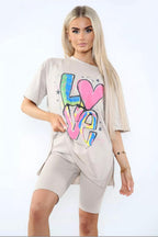 Love Side Slit Cycling Short and T-Shirts Co-Ord Two Piece Set with Front Love Slogan - Multi Trends