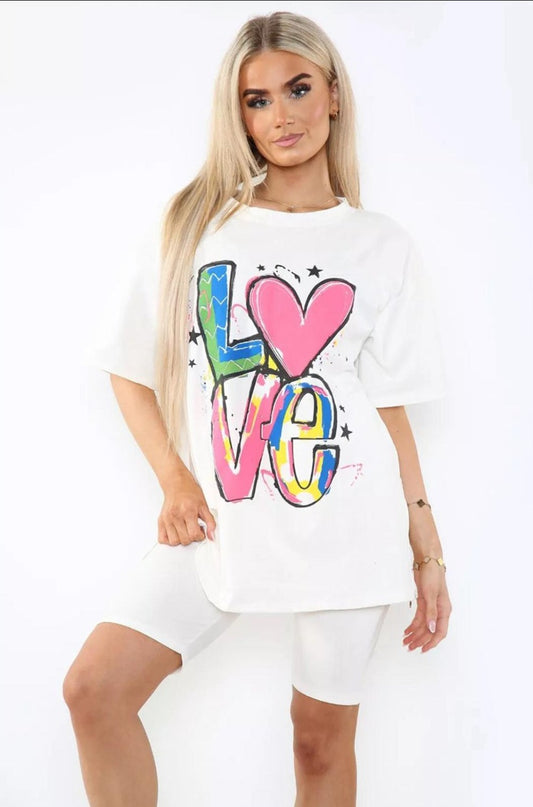 Love Side Slit Cycling Short and T-Shirts Co-Ord Two Piece Set with Front Love Slogan - Multi Trends