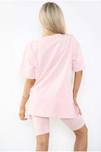 Love Side Slit Cycling Short and T-Shirts Co-Ord Two Piece Set with Front Love Slogan - Multi Trends