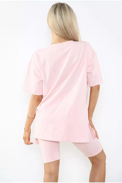 Love Side Slit Cycling Short and T-Shirts Co-Ord Two Piece Set with Front Love Slogan - Multi Trends