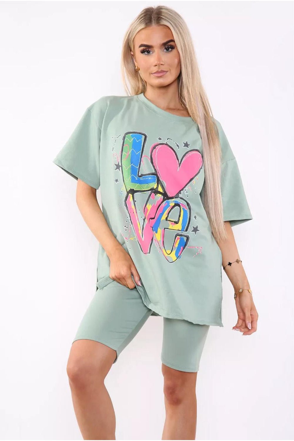 Love Side Slit Cycling Short and T-Shirts Co-Ord Two Piece Set with Front Love Slogan - Multi Trends