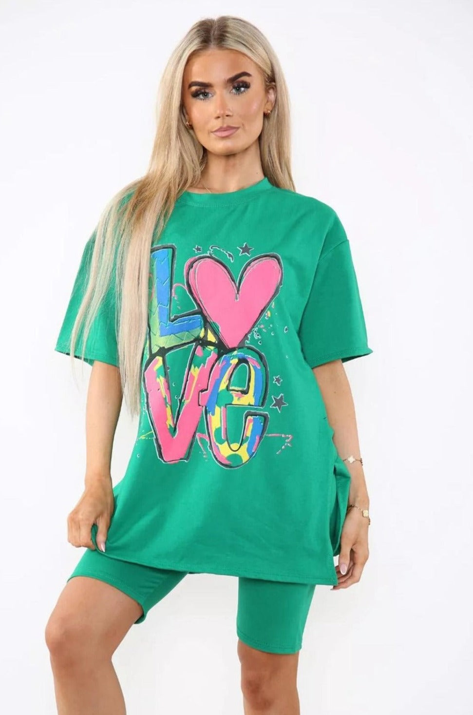 Love Side Slit Cycling Short and T-Shirts Co-Ord Two Piece Set with Front Love Slogan - Multi Trends