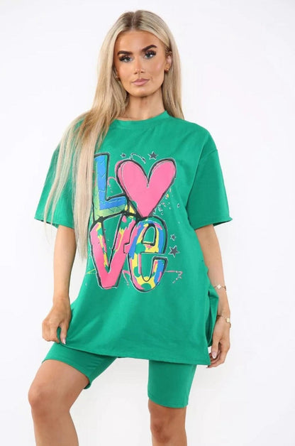 Love Side Slit Cycling Short and T-Shirts Co-Ord Two Piece Set with Front Love Slogan - Multi Trends