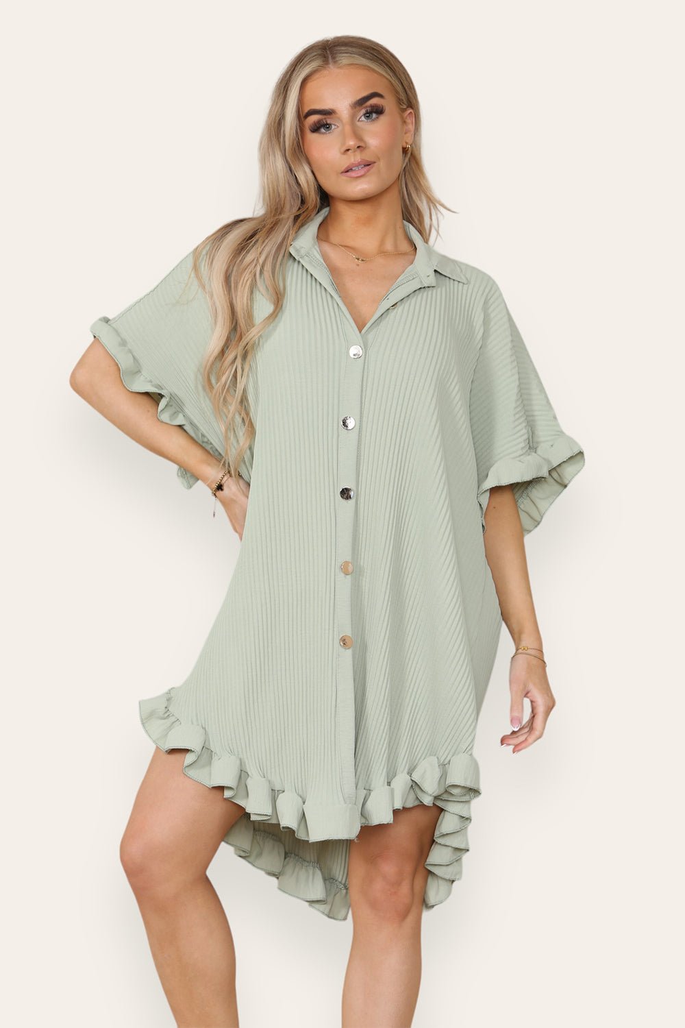 Over Sized Italian Gold Button Pleated Frill Ruffle TikTok Dress Top