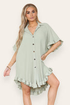 Over Sized Italian Gold Button Pleated Frill Ruffle TikTok Dress Top