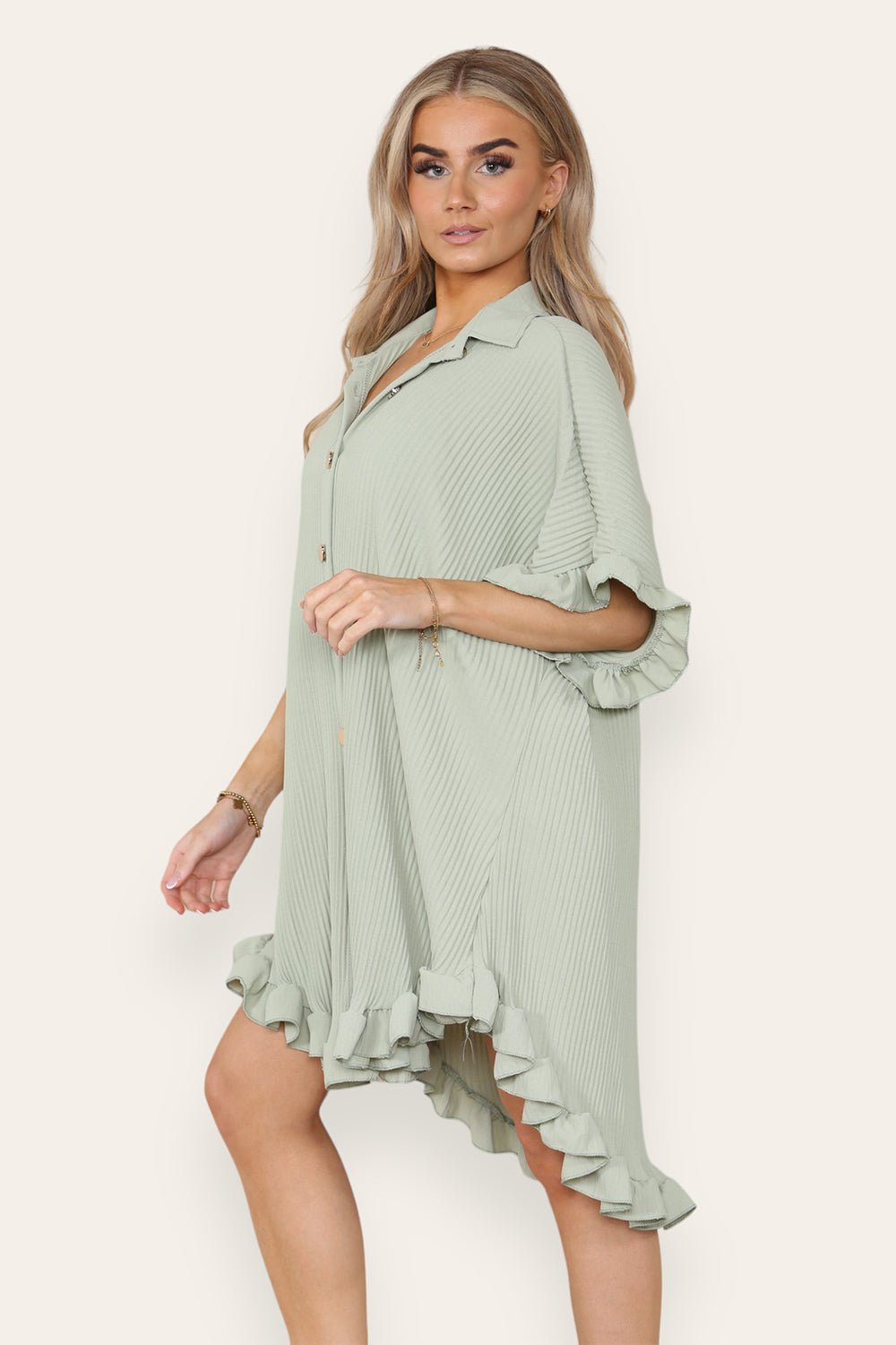 Over Sized Italian Gold Button Pleated Frill Ruffle TikTok Dress Top