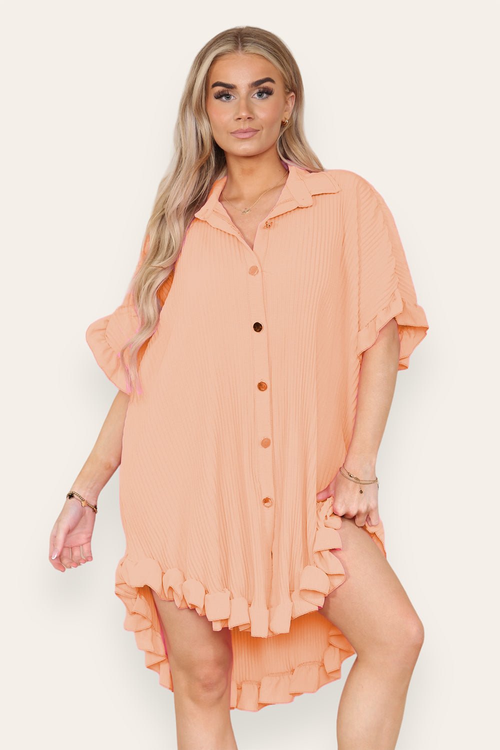 Over Sized Italian Gold Button Pleated Frill Ruffle TikTok Dress Top