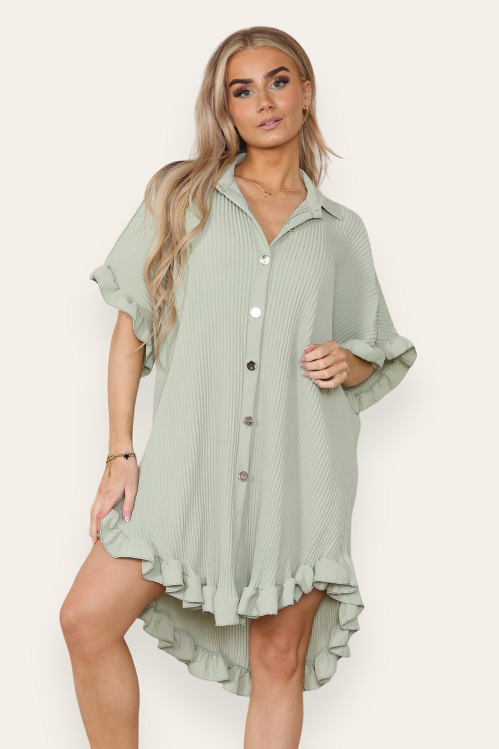 Over Sized Italian Gold Button Pleated Frill Ruffle TikTok Dress Top