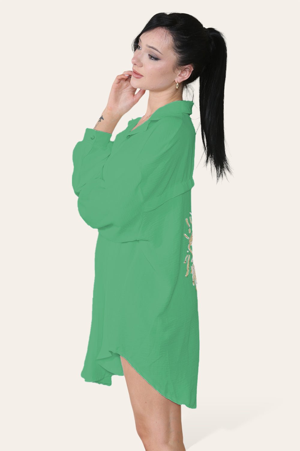 Oversized Long Sleeve Gold Sequin Eye Button Up Shirt - Multi Trends