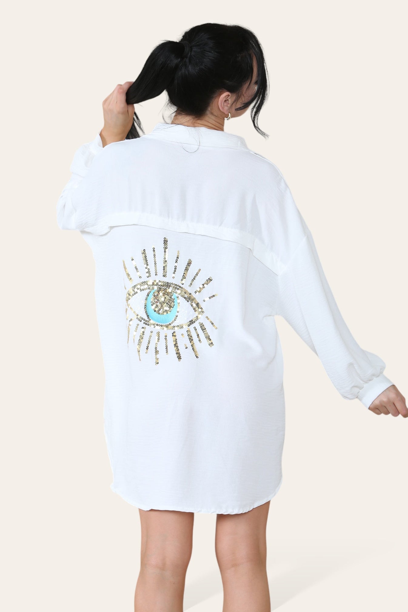 Cream Oversized Embroidered Sequin Eye Cheese Cloth Shirt