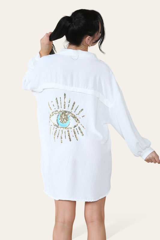 Oversized Long Sleeve Gold Sequin Eye Button Up Shirt - Multi Trends