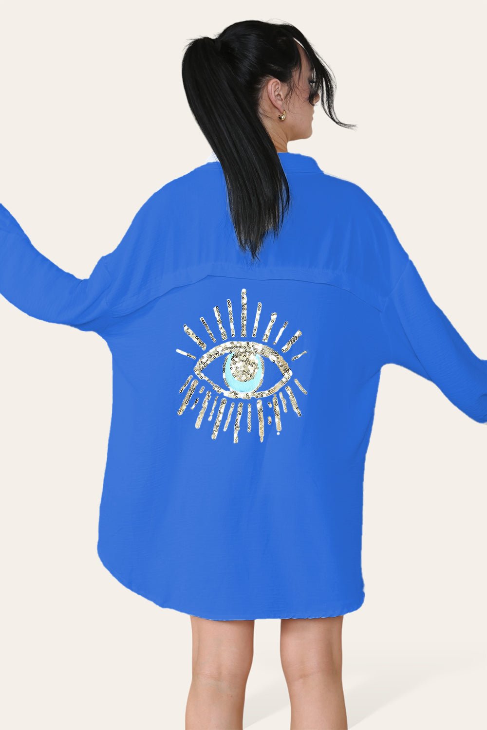 Oversized Long Sleeve Gold Sequin Eye Button Up Shirt - Multi Trends