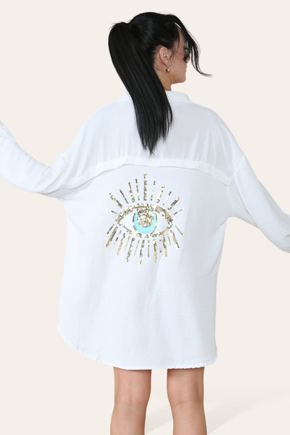 Oversized Long Sleeve Gold Sequin Eye Button Up Shirt - Multi Trends