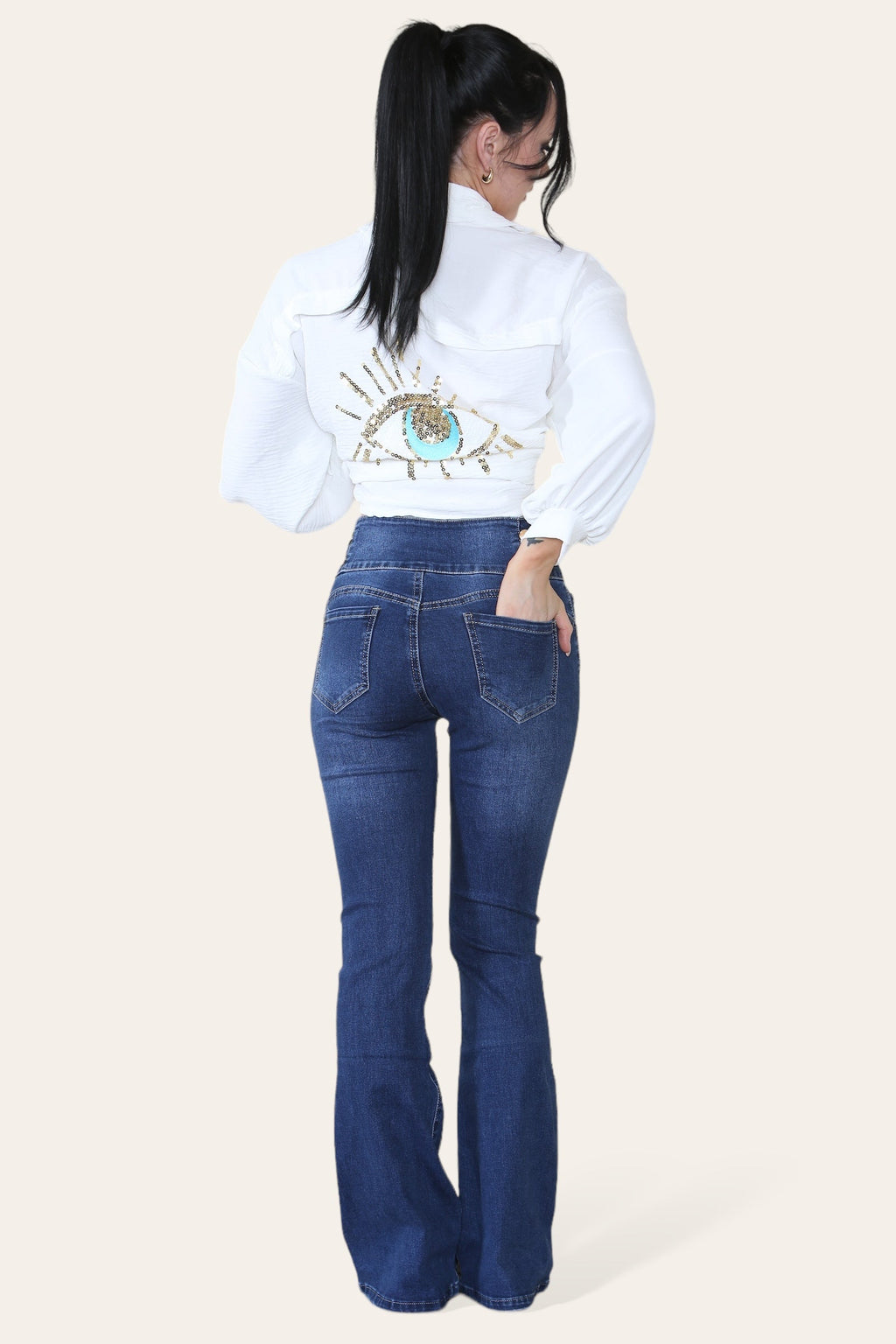 Oversized Long Sleeve Gold Sequin Eye Button Up Shirt - Multi Trends