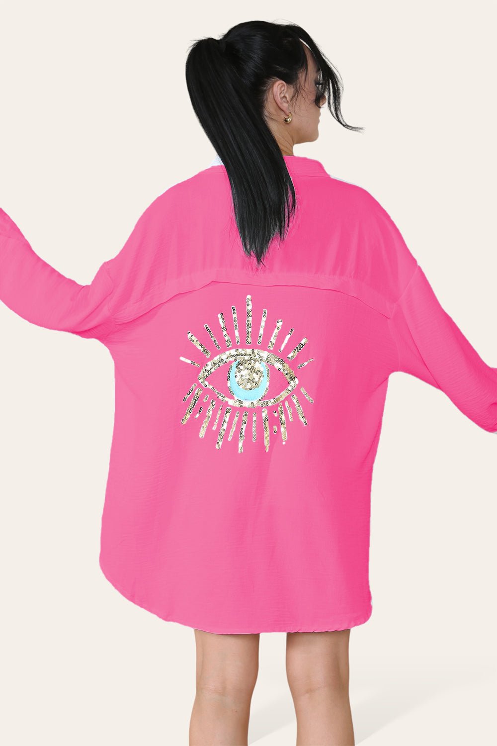 Oversized Long Sleeve Gold Sequin Eye Button Up Shirt - Multi Trends
