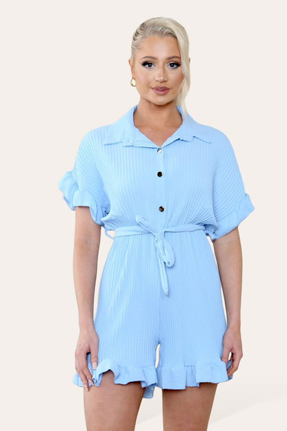 Pleated Ruffle Shirt Short Playsuit With Frill Hems - MultiTrends Limited