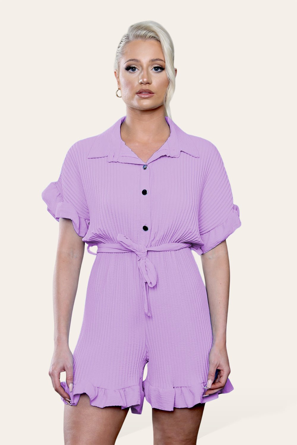 Pleated Ruffle Shirt Short Playsuit With Frill Hems - MultiTrends Limited