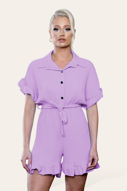 Pleated Ruffle Shirt Short Playsuit With Frill Hems - MultiTrends Limited