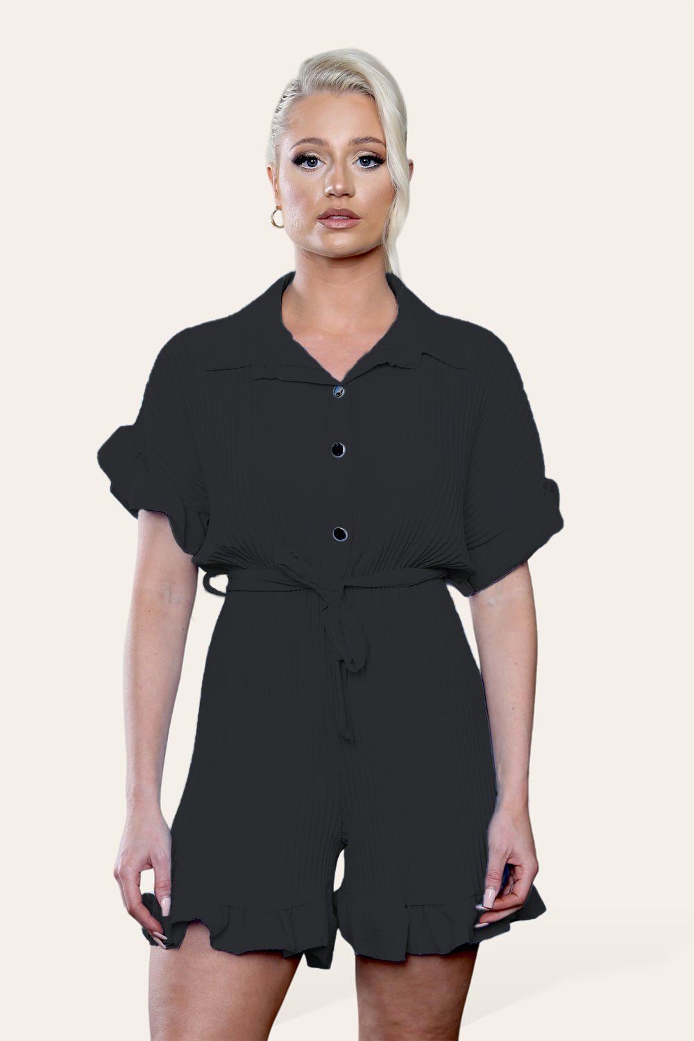 Pleated Ruffle Shirt Short Playsuit With Frill Hems - MultiTrends Limited