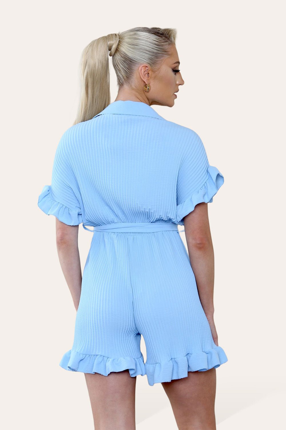 Pleated Ruffle Shirt Short Playsuit With Frill Hems - MultiTrends Limited