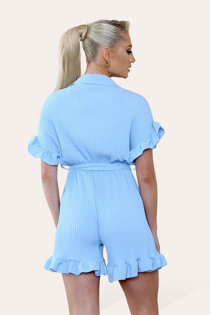 Pleated Ruffle Shirt Short Playsuit With Frill Hems - MultiTrends Limited
