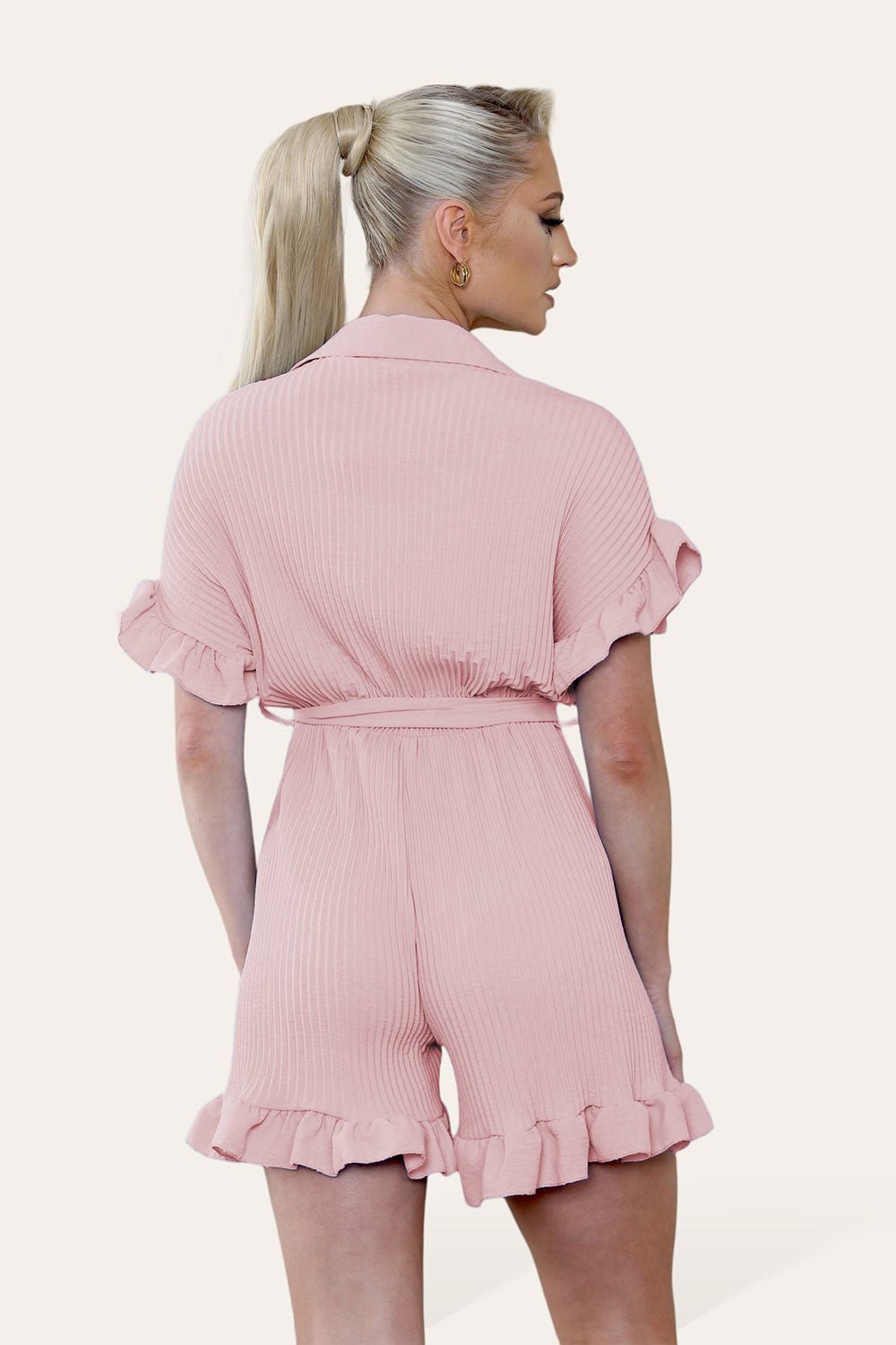 Pleated Ruffle Shirt Short Playsuit With Frill Hems - MultiTrends Limited