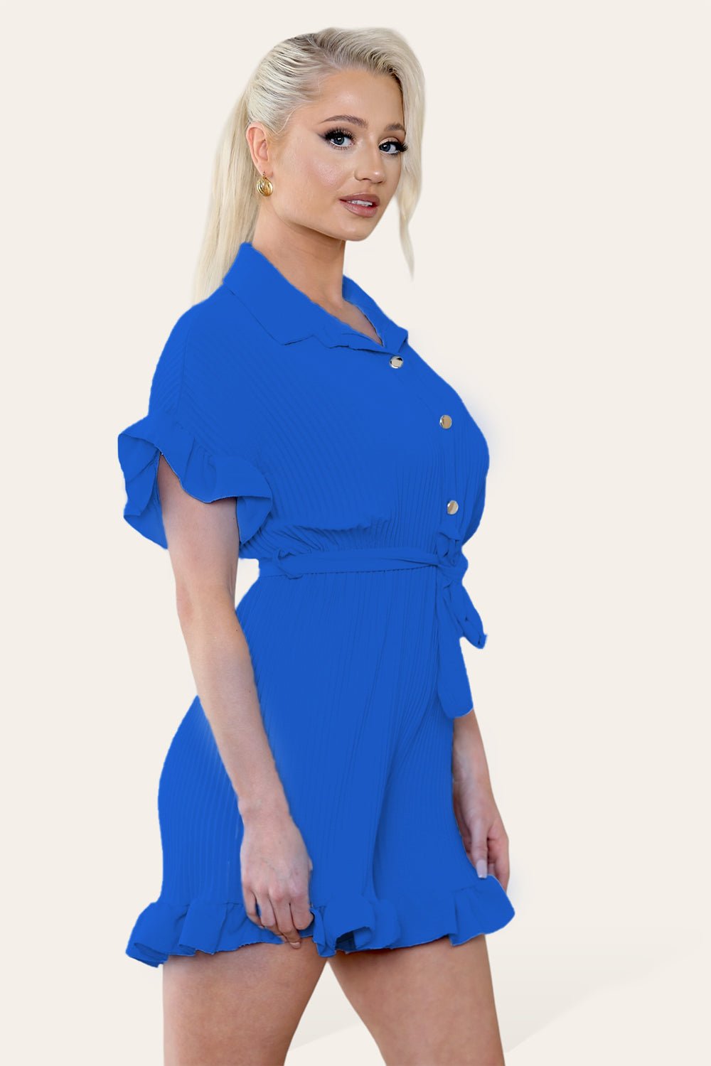 Pleated Ruffle Shirt Short Playsuit With Frill Hems - MultiTrends Limited