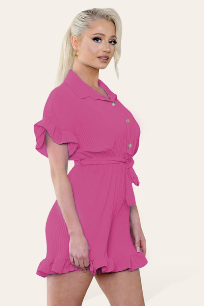 Pleated Ruffle Shirt Short Playsuit With Frill Hems - MultiTrends Limited
