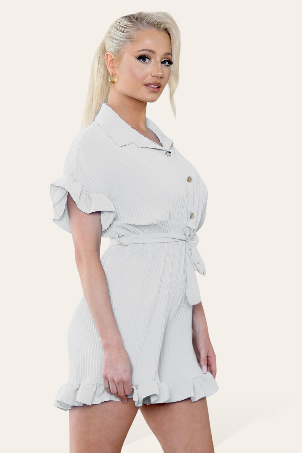 Pleated Ruffle Shirt Short Playsuit With Frill Hems - MultiTrends Limited
