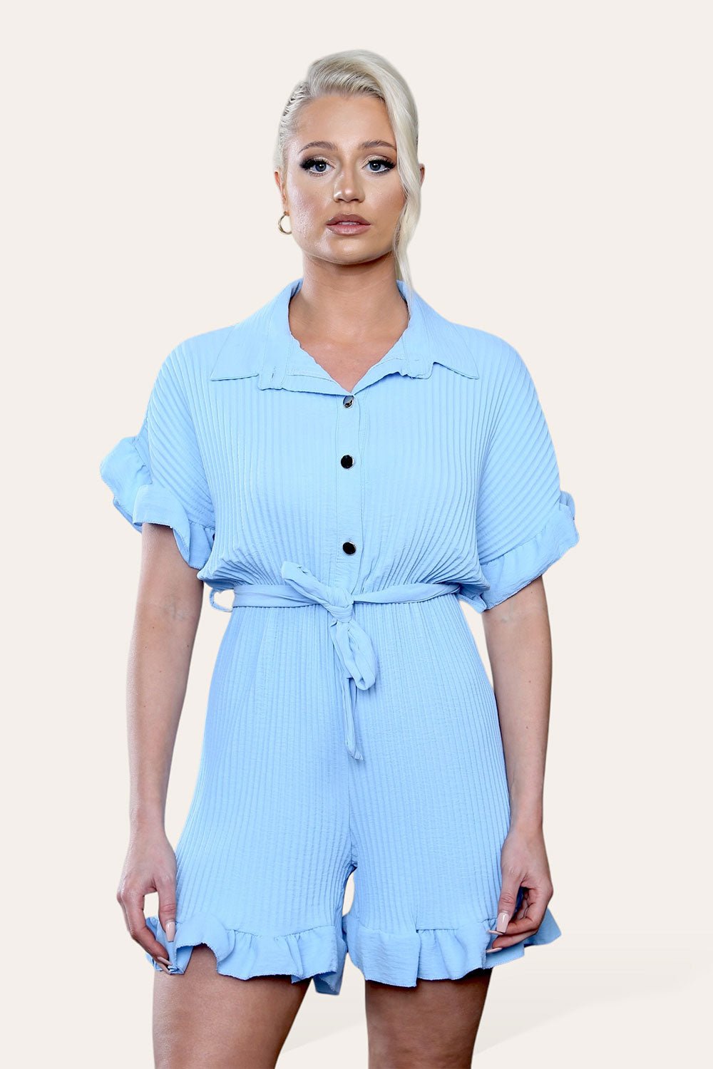 Pleated Ruffle Shirt Short Playsuit With Frill Hems - MultiTrends Limited