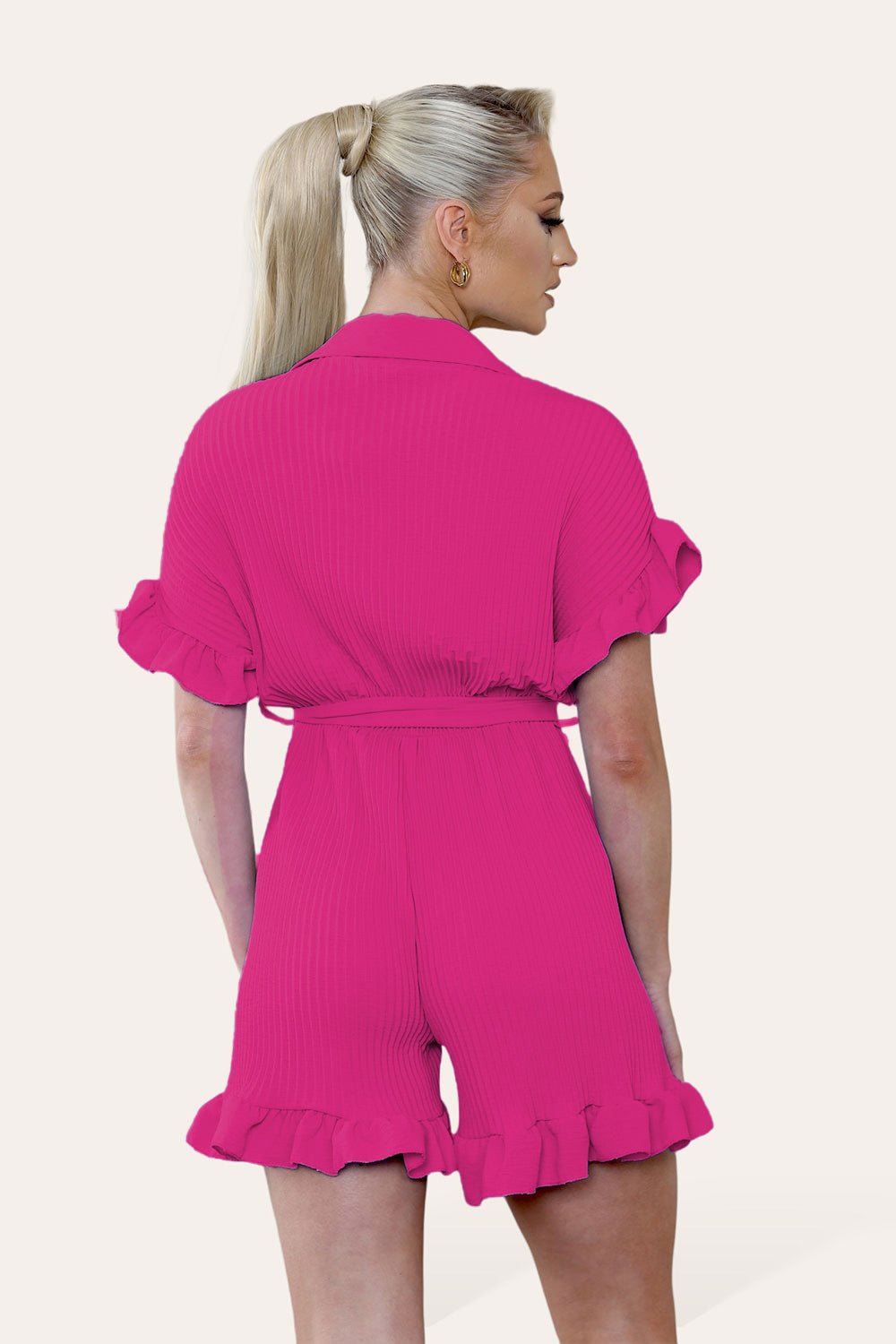 Pleated Ruffle Shirt Short Playsuit With Frill Hems - MultiTrends Limited