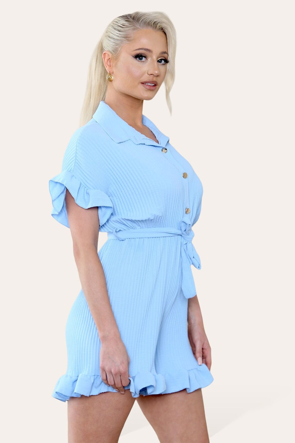 Pleated Ruffle Shirt Short Playsuit With Frill Hems - MultiTrends Limited