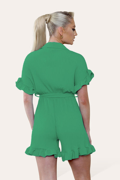 Pleated Ruffle Shirt Short Playsuit With Frill Hems - MultiTrends Limited