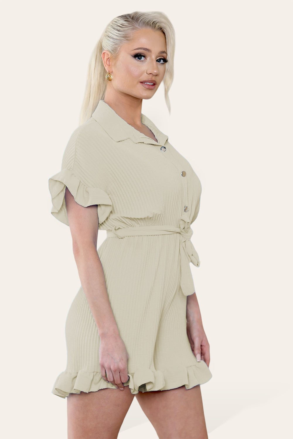Pleated Ruffle Shirt Short Playsuit With Frill Hems - MultiTrends Limited