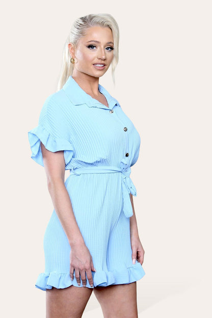 Pleated Ruffle Shirt Short Playsuit With Frill Hems - MultiTrends Limited