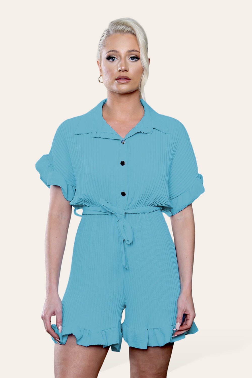 Pleated Ruffle Shirt Short Playsuit With Frill Hems - MultiTrends Limited