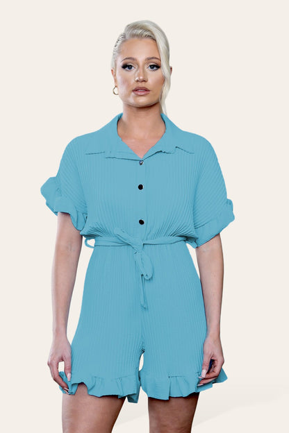Pleated Ruffle Shirt Short Playsuit With Frill Hems - MultiTrends Limited